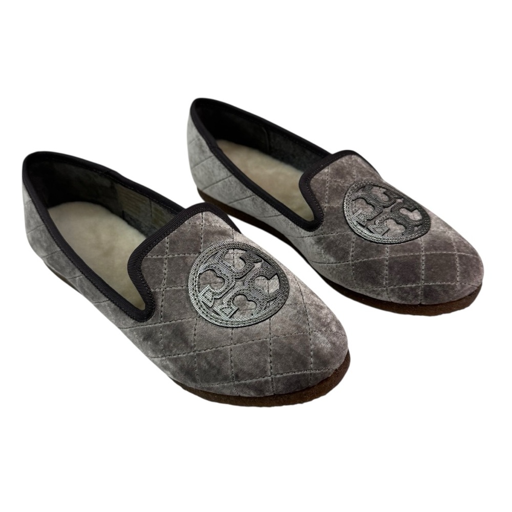 Tory Burch Billy Quilted‎ Slipper Smart Velvet Metallic TB Logo Grey Pewter 7